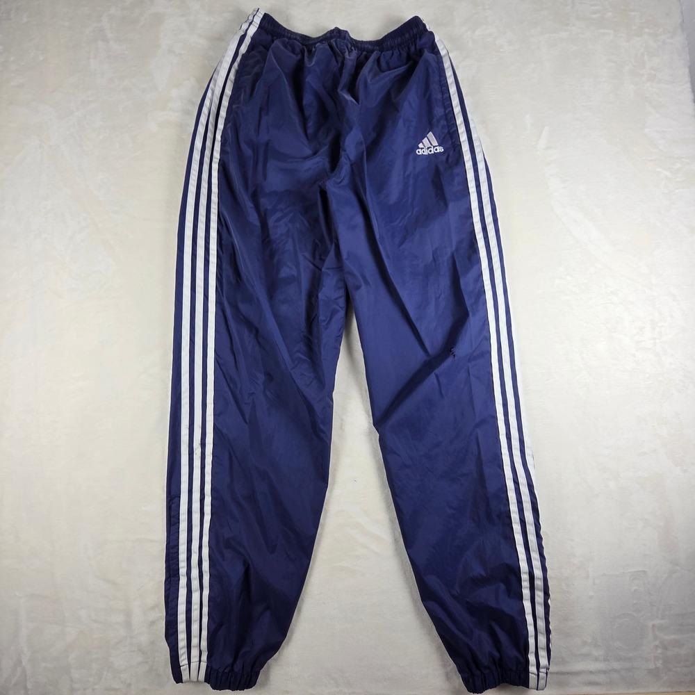 Vintage Adidas Track Pants Mens M Navy Blue 3-Stripe Windbreaker Joggers 90s